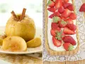 Manzana asada con canela y tarta de fresas con crema.