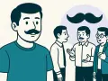 Hombres con bigote conversan. Uno al frente, tres al fondo con un gran bigote flotando. Celebrando el Movember que es.