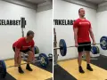 Man utför marklyft i gym. Bilden visar startpositionen och slutpositionen för en repetition i ett marklyft program.