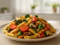 Penne z brokułami, pomidorkami, cukinią i pieczarkami. Pyszny makaron z warzywami na talerzu.