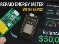 An ESP32 project for an IoT prepaid energy meter, showing the components and a smartphone dashboard displaying voltage, current, power consumption, and balance.