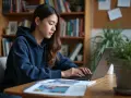 Jeune femme concentrée sur son ordinateur portable, entourée de livres. Elle prépare peut-être son ensaama classement.
