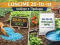 Concime NPK 20-10-10, ricco di azoto, per nutrire le piante. Granuli blu in un campo, con sacco e trattore.