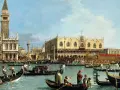 Un vivace canaletto a Venezia, con gondole e imbarcazioni che navigano davanti al Palazzo Ducale e alla Torre dell'Orologio.