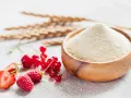 Miseczka z semoliną, obok świeże owoce: maliny, truskawki, porzeczki i kłosy zbóż. Semolina co to? To mąka z pszenicy durum.