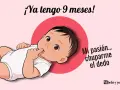 Bebé de 9 meses chupándose el dedo, con texto "¡Ya tengo 9 meses!" y "Mi pasión... chuparme el dedo".