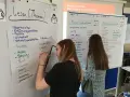 Zwei junge Frauen bei einem Praktikum zur Berufsorientierung, die Ideen auf Whiteboards sammeln.