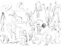 Croquis rapides de figures humaines dans diverses poses, un exercice de dessin dynamique capturant le mouvement et la forme.