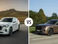 Dwa SUV-y Mazda CX-80: biały i brązowy, z napisem "VS" pośrodku.