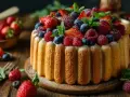 Charlotte aux fruits, un délice visuel et gustatif. Des biscuits à la cuillère entourent une crème onctueuse, le tout couronné de fraises, framboises et myrtilles fraîches.