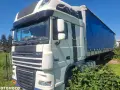 Ciężarówka DAF XF 105 z niebieską plandeką stoi na trawie, częściowo zasłonięta przez krzaki.