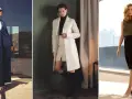 Mujer ejecutiva con trajes elegantes: azul marino, blanco y negro.
