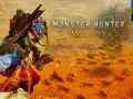 Cazador con armadura colorida y gran espada, montado en una criatura emplumada, en un paisaje desértico con muchas criaturas pequeñas. Monster Hunter Wilds.
