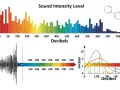 Graphiques illustrant le niveau d'intensité sonore, avec une échelle de seuil décibel colorée et des courbes représentant des variations.