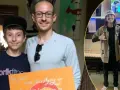 Draven Sebastian Bennington z fanem, a obok niego dwaj muzycy w studiu nagraniowym.