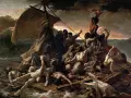 La balsa de la medusa: náufragos desesperados luchan por sobrevivir en un mar embravecido. Un comentario sobre la fragilidad humana y la esperanza.
