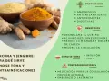 Jengibre y cúrcuma en polvo y raíces. Se detallan propiedades, beneficios y contraindicaciones del jengibre, como su uso en medicación para coagulación o presión arterial.