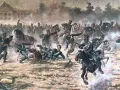 Un resumen de la guerra de la independencia española: batalla caótica con soldados a caballo y a pie, humo y acción intensa.