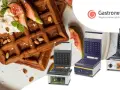 Pyszne gofry z kremem, figami i orzeszkami. Obok trzy gofrownice gastronomiczne, idealne do przygotowania idealnego przepisu na gofry.