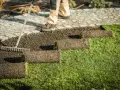Układanie trawy z rolki na przygotowanym podłożu. Grabie pomagają wyrównać ziemię przed położeniem kolejnych pasów zieleni.