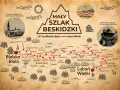 Mapa turystyczna Mały Szlak Beskidzki, 137 km trasy z Bielska-Białej na Luboń Wielki, z zaznaczonymi miejscowościami i atrakcjami.