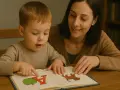 Chłopiec z mamą uczą się czytać. Na książce litera "A" i piesek.