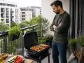 Mężczyzna na balkonie z grillem, na którym pieką się kiełbaski i szaszłyki. To dowód, że można robić grilla na balkonie, ciesząc się posiłkiem na świeżym powietrzu.