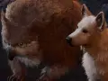 Un oso lechuza de BG3 con pelaje marrón y ojos amarillos intensos, junto a un lobo blanco y marrón.