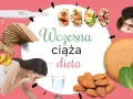 Wczesna ciąża - dieta: test ciążowy, imbir, chrupki, przekąski, migdały, szpinak, para z pozytywnym testem.