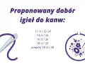 Proponowany dobór igieł do kanw: od 11 ct/22-24 do powyżej 18 ct/28. Ilustracja przedstawia igłę z nitką i tamborek z haftem.