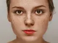 Urocza twarz młodej kobiety pokryta licznymi piegami, które dodają jej naturalnego uroku.