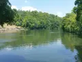 Ein sonniger Tag am Badesee Pforzheim. Grüne Bäume säumen das Ufer, während einige Schwimmer im Wasser ihre Bahnen ziehen.