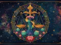 Złota waga na tle kosmosu, symbolizująca horoskop dzienny Waga. Kwiaty i gwiazdy tworzą magiczną oprawę.