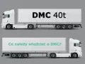 Dwa zestawy ciężarowe. Górny z napisem "DMC 40t", dolny pyta "Co należy wiedzieć o DMC?". Maksymalne DMC w Polsce to 40 ton.