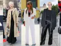 Tres mujeres con un impecable estilo mod: una con gabardina beige y vestido negro, otra con traje blanco y la tercera con traje negro.
