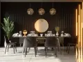Moderne Esszimmer Wand Ideen: Dunkle Lamellenwand, goldene Pendelleuchten, Spiegel und leuchtende Akzente.
