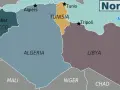 Mapa przedstawia kraje Afryki Północnej: Maroko, Algierię, Tunezję, Libię i Egipt, z dostępem do Oceanu Atlantyckiego i Morza Śródziemnego.