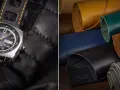 Zegarek Seiko na czarnym, pikowanym pasku ze skóry nappa obok próbek skór w różnych kolorach.