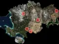 Mapa de los terrenos de caza de Horizon Forbidden West, con puntos rojos marcando ubicaciones clave para la aventura.