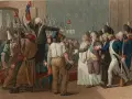 Multitud enardecida, con picas y gorros frigios, confronta a la realeza. Un líder con banda tricolor, símbolo de la Revolución Francesa, arenga.