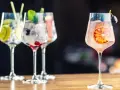 Orzeźwiające drinki na bazie ginu z owocami i lodem. Na pierwszym planie różowy gin z plasterkiem pomarańczy i winogronem.