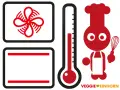 Ofen-Symbole: Lüfter für Umluft, Heizstäbe für Ober-/Unterhitze, Thermometer zeigt 250 Grad. Kochfigur mit Schneebesen.