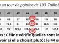 Tableau de mesures pour la couture. Céline consulte les aisances pour choisir sa taille.