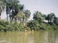 Łódź z dwoma osobami płynie po rzece wśród bujnej roślinności i palm.