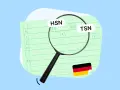 Lupe über Dokument mit HSN und TSN aus Fahrgestellnummer. Deutsche Flagge.