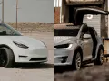 Dwa białe Tesle: Model Y z przodu i Model X z otwartymi drzwiami.