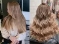 Dwie kobiety prezentują modne kolory włosów: jeden prosty, beżowy blond, drugi falowany, z subtelnymi refleksami.