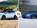 Biały Tesla Model Y z deską surfingową na dachu i niebieski Tesla Model S w ruchu.