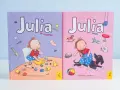 Skandynawskie książki dla dzieci "Julia je wszystko" i "Julia siada" z uroczymi ilustracjami.