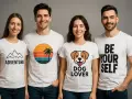 Cztery osoby w białych koszulkach z napisami: "ADVENTURE", zachód słońca z palmą, "DOG LOVER" i "BE YOUR SELF". Możesz taką koszulkę stworzyć!